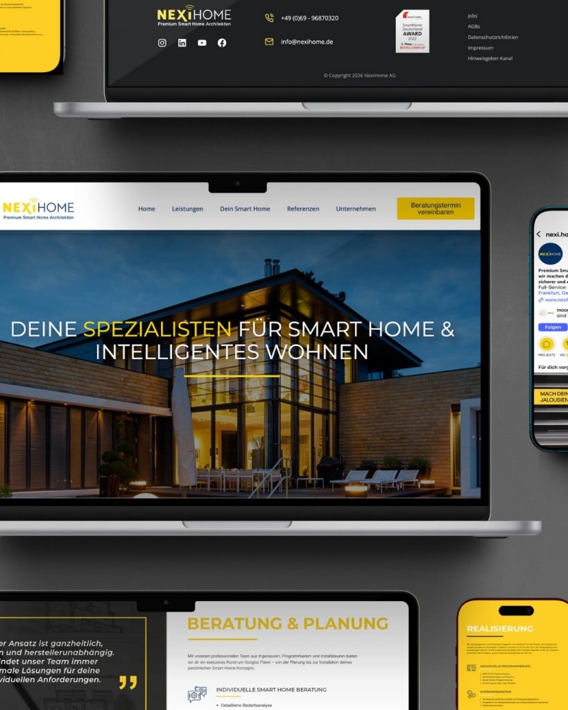 Ein Mockup der NexiHome AG Webseite. Der Herobereich zeigt den Slogan "Deine Spezialisten für Smart Home & Intelligentes Wohnen".