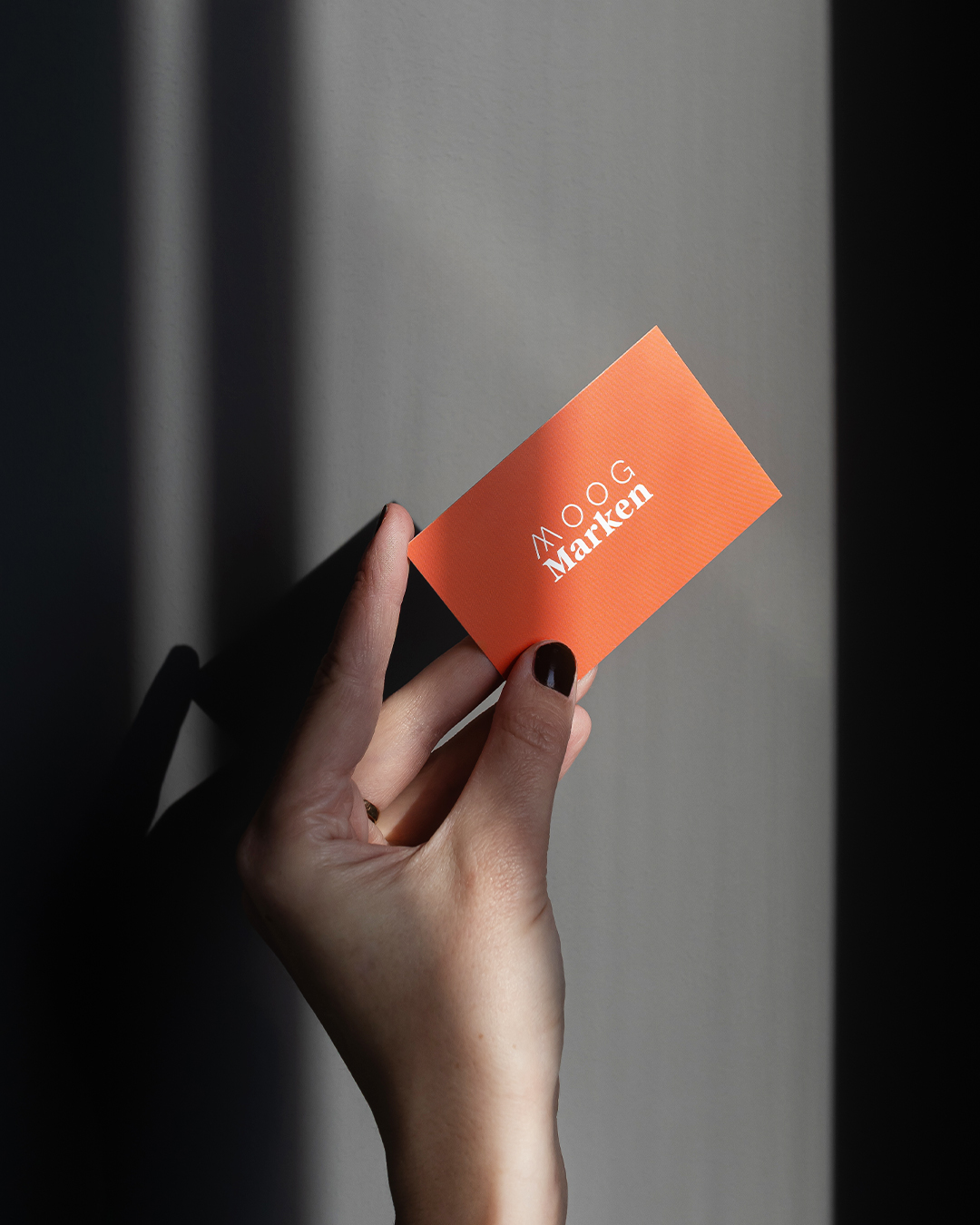 Ein Foto von einer Hand, welche eine Visitenkarte von MOOG MARKEN hält. Die Visitenkarte ist auffällig Orange und sticht aus dem grauen, schattenhinterlegten Untergrund heraus.